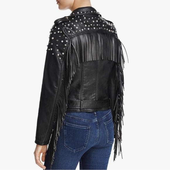 Vigoss Black Leather Jacket with Studs and Fringe - Picture 4 of 16